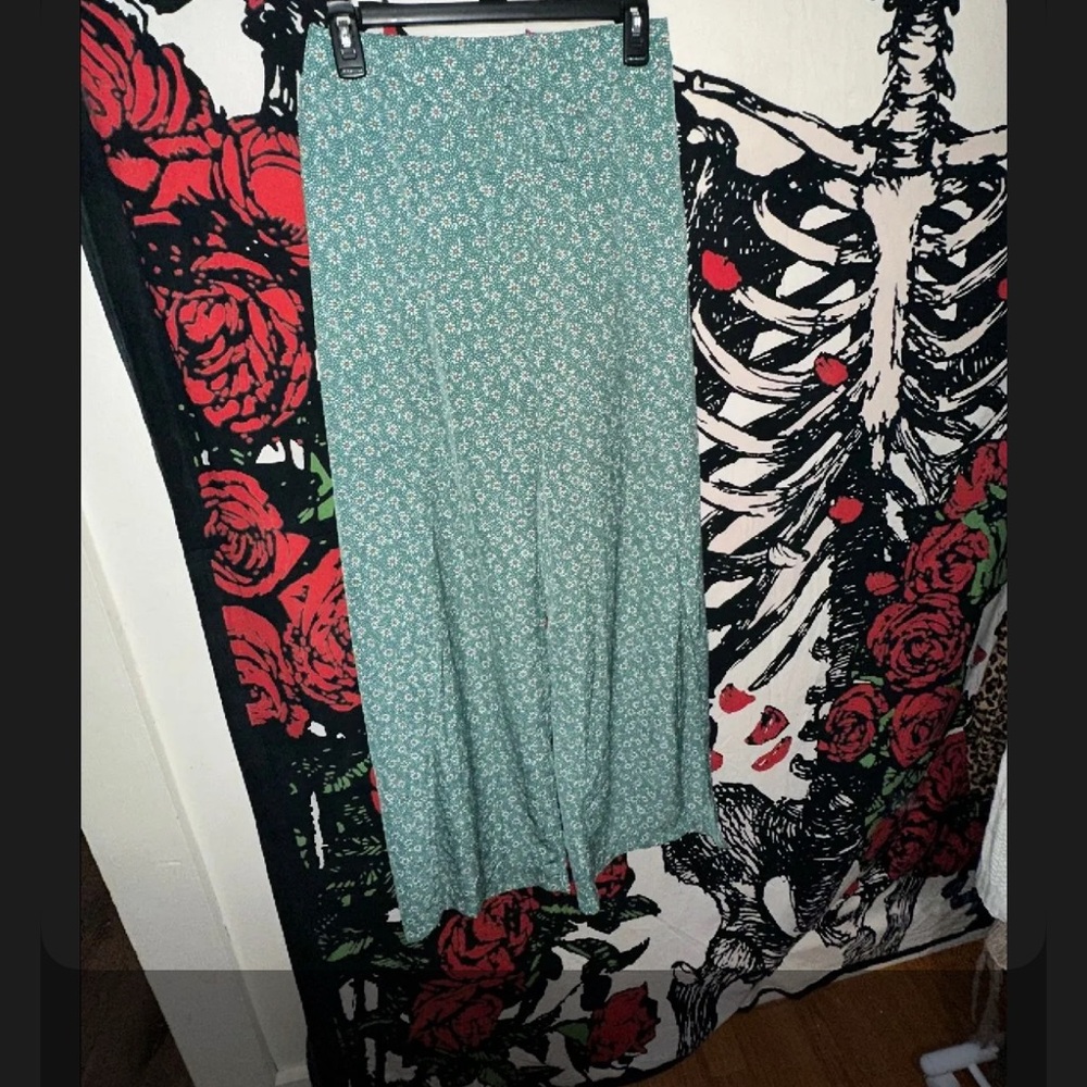 Floral Green Beach Pants Slits Up The Sides